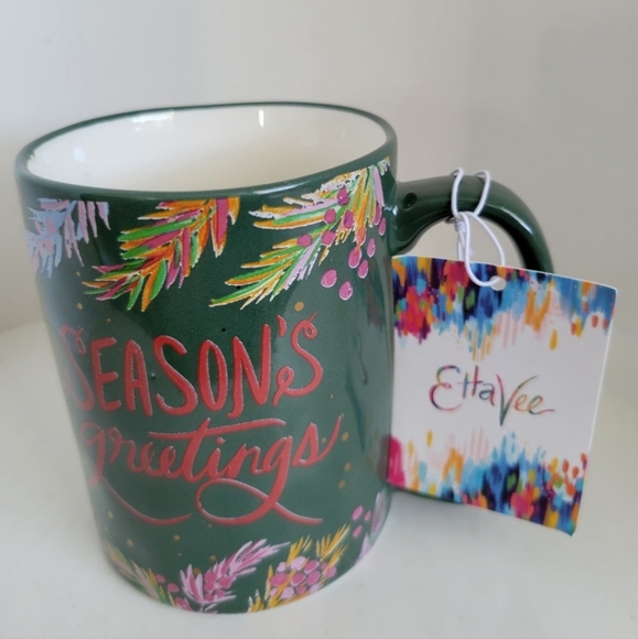 NEW EttaVee Coffee Mug Cup Green Seasons Greetings Painted Christmas - Picture 1 of 4